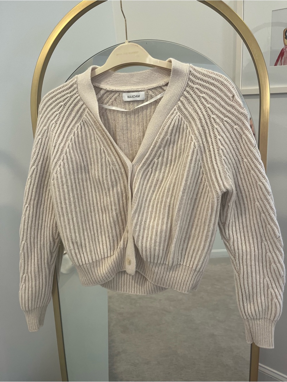 NAADAM Beige-Cream Wool/Cashmere Ribbed V-Neck Button Cardigan